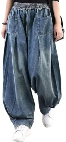 ebossy Women's Denim Harem Pants Elastic Waist Pleated Wide Leg Baggy Jeans (X-Large, Blue)