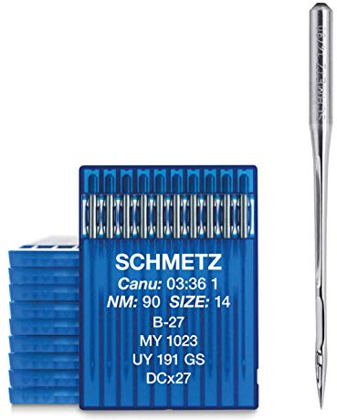 SCHMETZ | 100 Agujas para máquinas de coser industriales | Con cabo redondo | B-27, MY 1023, UY 191 GS, DCX27 / RIM 27 | Grosor 90/14 | Compruebe el sistema recomendado en el manual de instrucciones