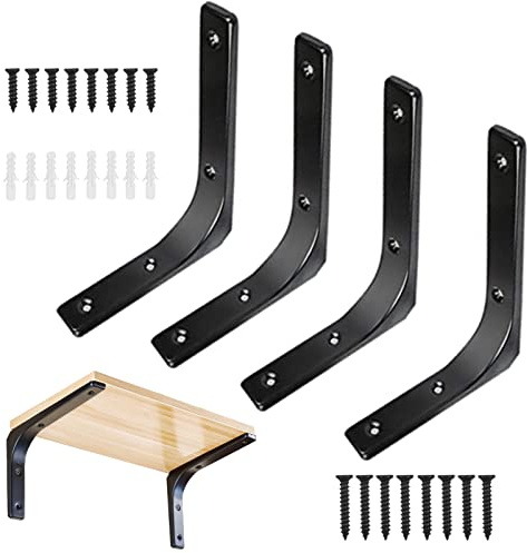 4pcs Équerre pour Étagère Murale Noire Support d’Étagère en Métal Équerre de Fixation Murale Equerre Murale en Forme de L pour Meubles Décoration Connexion avec Vis 150 * 125mm, Charge Max 30 kg