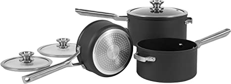 Ninja ZEROSTICK Stackable Cookware 3-Piece Pan Set, Non-Stick, 3 Saucepans, 16cm, 18cm and 20cm with Oven-Safe Glass Lids, Long Lasting Hard Anodised Aluminium, Grey, C53000UK
