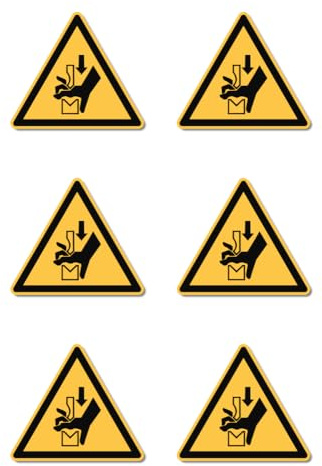Warnung vor Quetschgefahr der Hand zwischen Werkzeugen einer Presse: W030 - DIN EN ISO 7010 / ASR A1.3 - Aufkleber: 5 cm, 6 Stück