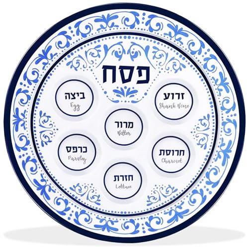 Passover Seder Plates 12 Melamine - 6 Section Plate Marked with Symbolic Pesach Seder Foods - Round Seder Tray for Adults, Children by Zion Judaica - Blue Floral Renaissance Single Passover Plate