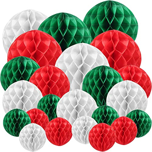 FINDIR 27 Stück Papier Wabenbälle Rot Grün Weiß Pompons Deko Seidenpapier Pompom Papier Wabenball Dekoration für Weihnachten Hochzeit Geburtstag Party Feier
