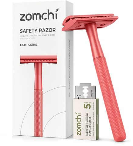 ZOMCHI Rasoir de sécurité à lame unique et double tranchant avec 5 lames de sécurité, rasoir en métal pour hommes et femmes, rasoir à lame unique – Corail clair