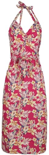 Queen Kerosin Abito da donna a matita, con allacciatura al collo, stampa tropicale all-over, ibisco, estate, feste, 50S, rosso hawaiano, Colore: rosso, XXXL