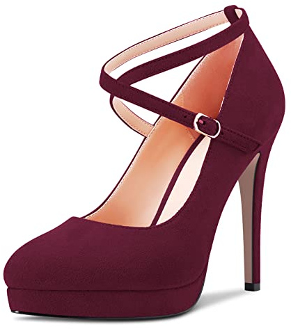 NobleOnly Donna Spillo Alto High Tacco Heel Piattaforma Chiusa Punta Pumps Cinturino Incrociato Slip-on da Matrimonio Feste Dress Scarpe Borgogna Rosso 35 EU