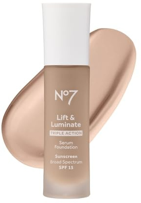 No7 Lift & Luminate Triple Action Serum Foundation - Liquid Makeup with SPF 15 for a Dewy, Glowy Base - Radiant Formula for Mature Skin - Porcelain (30ml)