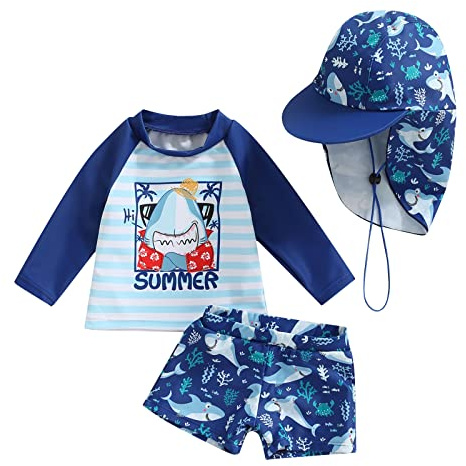 Recién nacido Bebé Niño Traje de Baño de 2 Piezas Anti-UV Camiseta de Manga Larga + Pantalón Corto de Baño + Sombrero de Sol Traje de Natación, 3-4 años