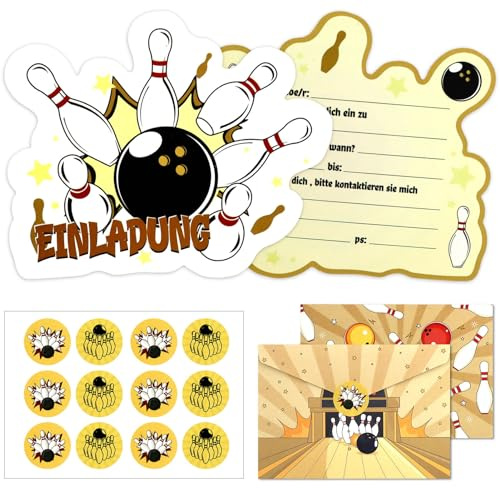 12 Set Bowling Einladungskarten Kindergeburtstag,mit 12 Bowling Partyeinladungen 12 Umschläge 12pcs Aufkleber,Deutsch Geburtstagseinladungen,Einladung Bowling für Jungen und Mädchen,Bowling Mitgebsel