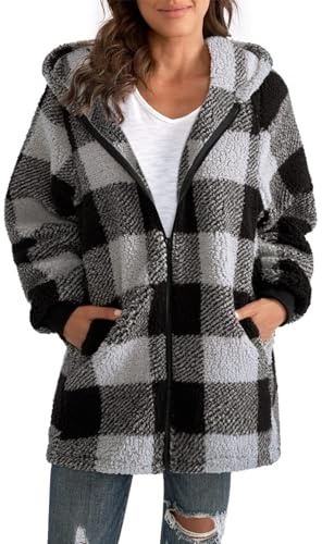 ABINGOO Cappotto in pile teddy da donna a quadretti caldo giacca invernale giacca con cappuccio soffice giacca in peluche con cerniera felpa con cappuccio e tasche, Nero , XL