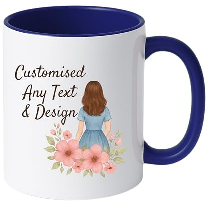 Personalised Mug | Coffee Cup with Coloured Handle and Inner | Any Photo or Text | Custom Coloured Cups for Valentine, Birthdays, & Occasions | Ceramic Mugs Available in Ten Colours | Navy Blue