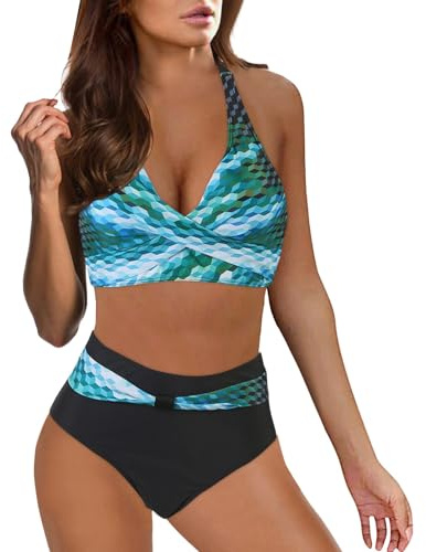 Ashleyzj Bikini Damen Set Zweiteiliger Sexy Badeanzug V Ausschnitt überkreuztes Bauchweg Bademode Blumenmuster Bikinis High Waist Bademoden Bauchkontrolle Bikini Sets Swimwear Badebekleidung