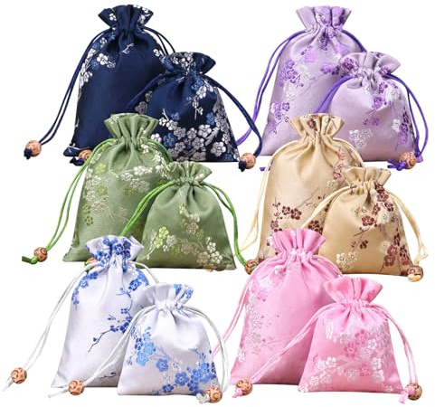 CavspkArt 12 Pcs Drawstring Jewelry Pouch,6 Styles Silk Brocade Chinese Gift Jewellery Bags,Small Drawstring Jewellery Bags and Pouches for Women,Girls