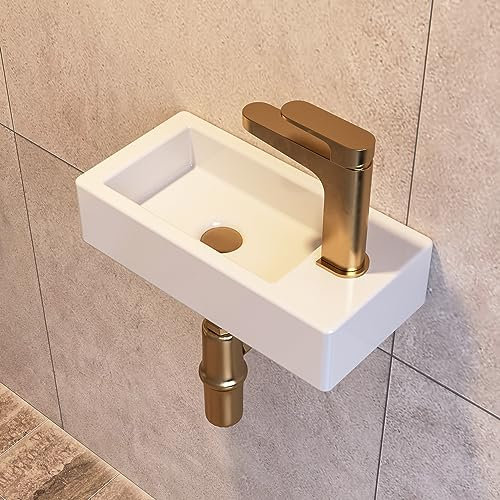 Wall Mount Bathroom Sink, DeerValley Small Rectangle Bathroom Basin, Cloakroom Ceramic Wash Basin Without Overflow - 36.5 x 18 x 9cm (White, Right Hand)