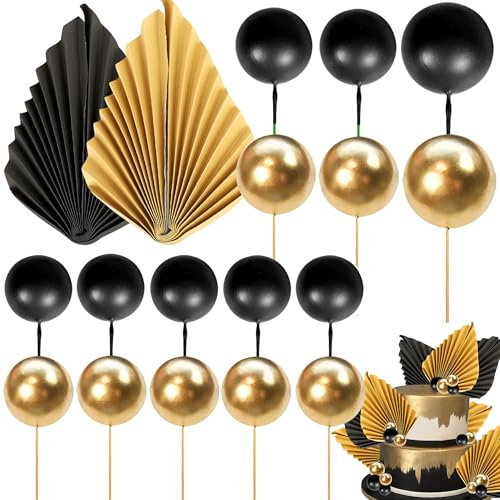 Xsstarmi 30 Pack Black Gold Paper Palm Fan Cake Topper Black Gold Balls Cake Pick Decoration for Baby Shower Wedding Bridal Shower Birthday Party DIY Cake Decorations Supplies