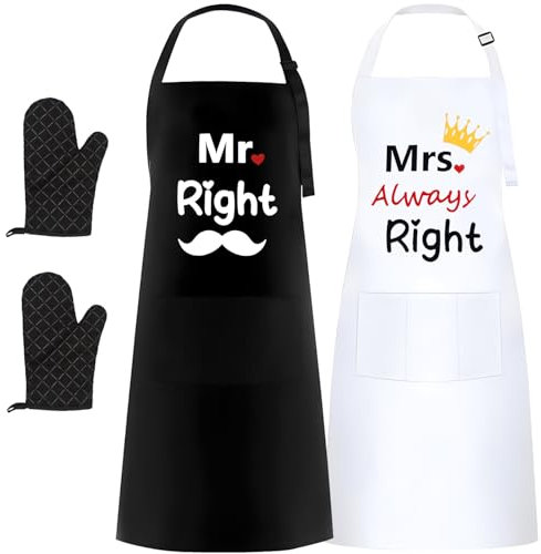 2 Stücke Mr und Mrs Schürzen, Weiß und Schwarz Impermeabile Schürze mit Wärmeisolierten Silikonhandschuhen und Verstellbare Träger, Weihnachts, Valentinstags,Verlobungs,Hochzeitsgeschenke für Paare