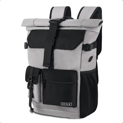 KYYLZ Rucksack Damen,Rolltop Rucksack Herren,28L Groß Schulrucksack Rucksack Wasserdicht mit Laptopfach 17.3 Zoll,Tagesrucksäcke Reiserucksack Lässiger Backpack Freizeit Uni Arbeit Wandern (Grau)