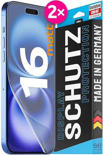 2X se® 3D SCHUTZFOLIE Entspiegelt für Apple iPhone 16,Anti-Staub, 100% Fingerabdruck & FaceID kompatibel, einfache blasenfreie Installation, Ultra-Klar, Stoß-Kratzfest, aus Deutschland