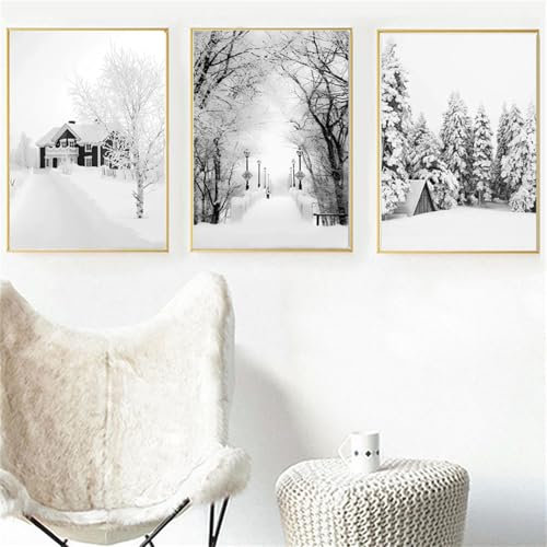 champracer 3er Poster Set, Moderne Winter Schnee Bilder, Winter Weiße Kiefer Holzhaus Wandkunst Wandbilder Wohnzimmer Bilder, Moderne Leinwandbilder Wandposter, Ohne Rahmen (30x40 cm,A)