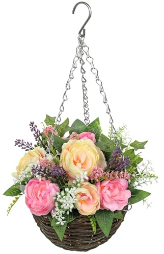 Arborus Kunstblumen im Topf Hängend 45 cm Künstliche Kamelie Hängepflanzen Künstlich im Topf Unechte Blumen für Frühling Deko im Flur Eingang Balkon Wohnzimmer Schlafzimmer Rustikal Vintage Deko