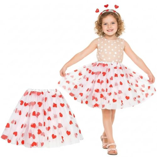 JIEBAO Jupe Tutu Fille Cupidon, Jupe Tulle Blanche Coeur Rouge, Jupe Tutu pour Femmes, Jupe Courte Tutu Danse en Tulle, Jupe Tutu Fille Costume pour Halloween Carnaval Cosplay