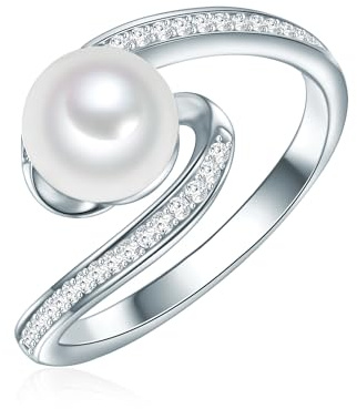Valero Pearls Damen Ring 925/- Sterling Silber | rhodiniert, Perlenring, Zirkonia, weiß, Süßwasser-Zuchtperle, ca. 6,0 - 7,0 mm, weiß, rund