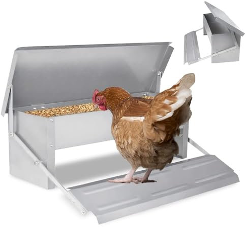 Aufun Automatischer Hühner Futterautomat 5 kg Geflügel Futterautomat, Mit Rattensicher Füßen und Wasserfest Deckel, verzinkter Stahl Futtertrog für Geflügel Hühner, Enten, Gänse