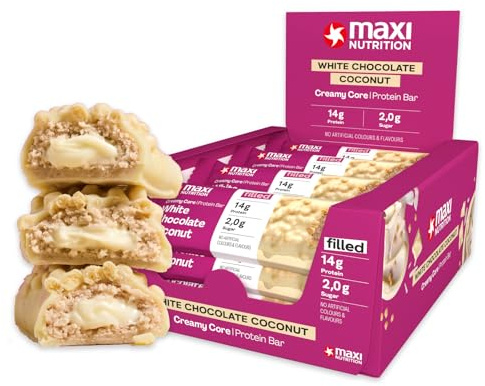 MaxiNutrition Barrita proteica Creamy Core sabor chocolate blanco y coco, 12 x 45 g, 33% de proteína, 15 g de proteína por barrita, sin azúcares añadidos, sin sabores artificiales