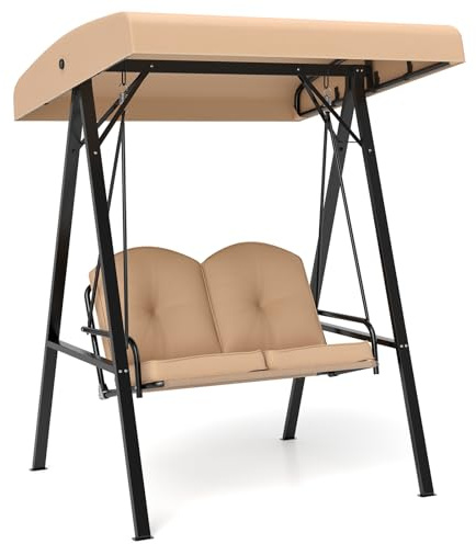 COSTWAY Balancin Jardin Exterior de 2 Plazas, Techo Ajustable, Estructura Metálica, Columpio Jardin Exterior con 2 Cojines, Porche, Jardín, Patio Trasero, 121 x 145 x 176 cm, Carga 300kg