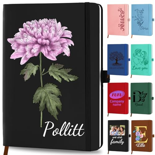 YanNanKe Personalisiertes Leder Notizbuch Personalisiert Tagebuch Notizbuch für Frauen und Männer mit Geburtsblumen Namen Individuelle A5 Liniert Geburtstagsgeschenke fürs Büro