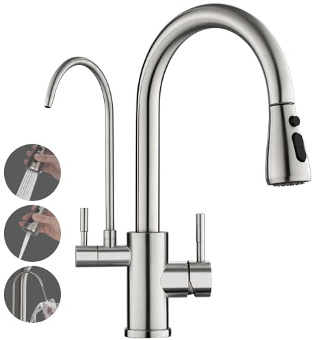 ROVOGO Mitigeur Robinet d'Evier de Cuisine 3 Voies à Eau Filtrée en Acier Inoxydable 304 Brossé, Douchette Extractible à 3 Modes, 2 Manches pour Eau Chaude/Froide/Potable, Bec en C 360° Rotatif