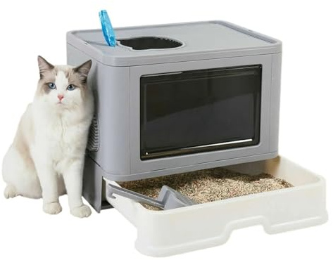 Bandeja for Caja de Arena for Gatos con Tapa Grande, Tipo cajón, Inodoro for Mascotas, Entrada Superior, antisalpicaduras, Cerrado, Pala for el Cuidado del Cabello