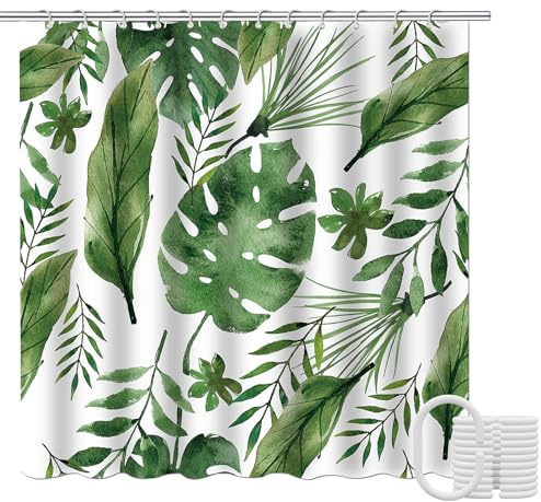 Tenda Doccia 180x200, Antimuffa, Impermeabile, Tessuto in Poliestere, Tenda per Doccia con 12 Anelli, Verde Foglie Piante, Tende Vasca da Bagno Angolare per Bagno Hotel, Larghezza Parete 136-155 cm