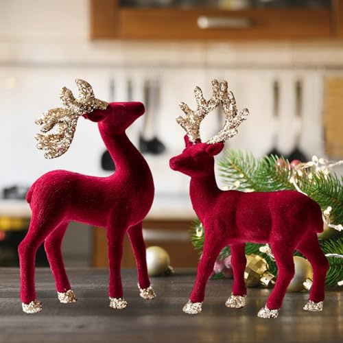 Obelunrp Christmas Deer Figurines, 2pcs 21cm Flocking Velvet Christmas Reindeer Figurine, Tabletop Deer Statues for Home Office Holiday Decorations