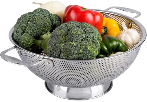 Colino Per Riso In Acciaio Inossidabile Grande scolapasta in acciaio inox con manico, cestello for alimenti da cucina, base ad anello solido autodrenante(M)