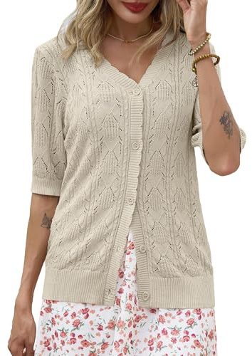 Lovasy Cardigan con Bottoni Donna a Maniche Corte Giacca in Maglia Elegante Curvy Golfino con Scollo a V Aperto Davanti Pullover Leggero ed Traspirante,A-Albicocca,M