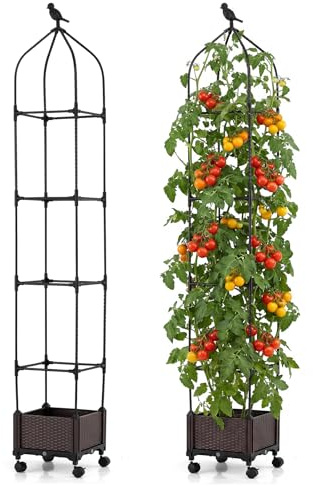 COSTWAY Växtstöd med blomlåda på hjul, 200 cm trädgård obelisk, belagd metall och PP, höjdjusterbar, spaljé med växtlåda och självbevattning, för klätterväxter, tomater blommor