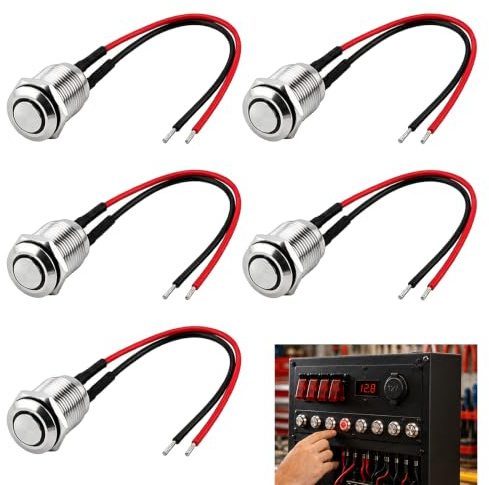 5 Pulsador a Prueba de Agua 12mm, Botón de Acero Inoxidable Momentáneo Impermeables IP67 Precableados Interruptor ON/OFF 2A 12V/24V/125V/250V Metálico para Coche PC Bocina Arduino y Paneles de Control