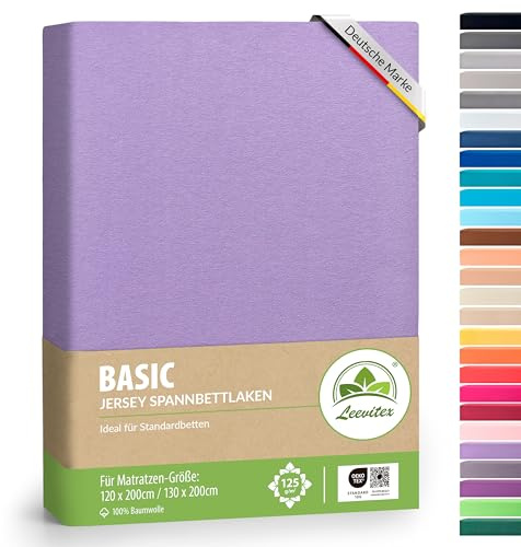 leevitex® Spannbettlaken 120x200cm - 130x200cm | Spannbetttuch Bettlaken | 100% Jersey Baumwolle | Matratzenhöhe bis 25 cm | Ökotex | Flieder/Lavendel