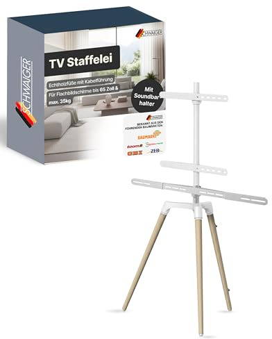 SCHWAIGER TV-Ständer mit Soundbarhalter I TV-Staffelei für Flachbildschirme bis 65 Zoll I Bodenständer für Fernseher I schwenkbar & bis 35 kg belastbar I Echtholzfüße mit Kabelführung