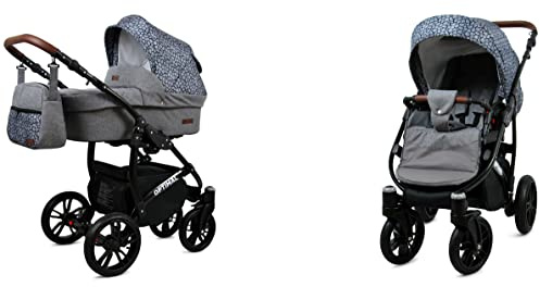BabyLux Optimal 2-in-1 Baby Kinderwagen Tief und Kinderwagen mit Zubehör Verstellbar und faltbar Aluminium Konstruktion Wasserdicht Nicht abnehmbare Räder Tropical Flowers Black Frame