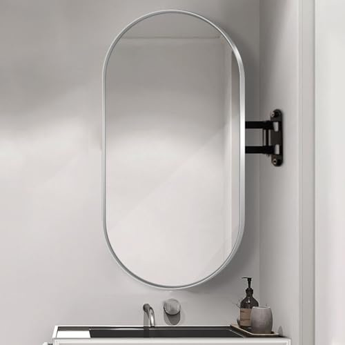 Badrum hörn oval väggspegel med svängande ledarm och metallram, okrossbar spegel, hängande spegel för vardagsrum modern, vertikal och horisontell (färg: Silverram, storlek: 40 x 70