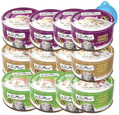 Fussie Cat Wet Canned Cat Food in Goat Milk,Variety Pack of Flavors, 2.47-oz cans,and Can Cover- Pack of 12, 3 Flavor Pack