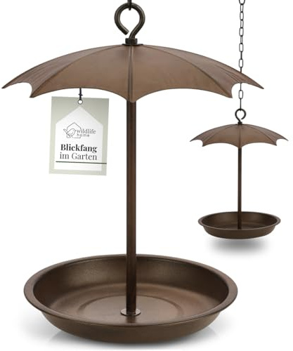 WILDLIFE HOME Vogeltränke hängend 'Regenschirm' I Vogelfutterspender zum Aufhängen frostsicher aus Metall für Garten & Balkon I Vogelbad, Vogelfutterstation für Vögel, Wildvögel