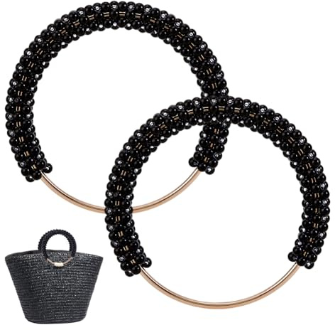 PH PandaHall 2pcs Pearl Beaded Handles Round Purse Handles Decorative Handbag Handles Short Handle Vintage Style Replacement Purse Chain for Crochet Bag Handmade Purses 4.8 Inch, Black