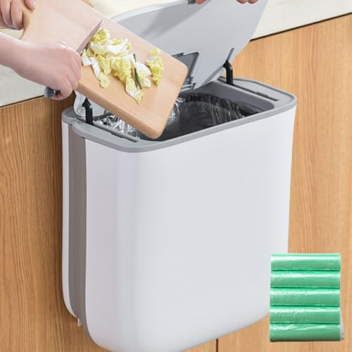 Behogan Cubo de basura de cocina de 10 l colgante con tapa, cubo de basura plegable para colgar con 5 rollos de bolsas de basura (75 unidades), cubo de basura de cocina con tapa, cubo de basura de