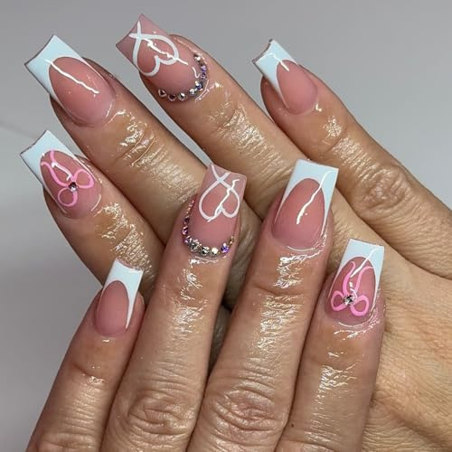 LunarCharm French Press on Nails with Strass Mittel Fake Nails Weiß French Press ons Herz Schleife Klebenägel, Quadratisch Acrylnägel Herznägel Nägel zum Aufkleben