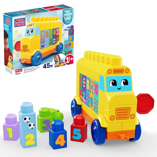 MEGA BLOKS First Builders Toddler Block Toys Set, Build & Count Bus 45 Pieces, Learn Numbers and Counting, Yellow, Ages 1+ Years