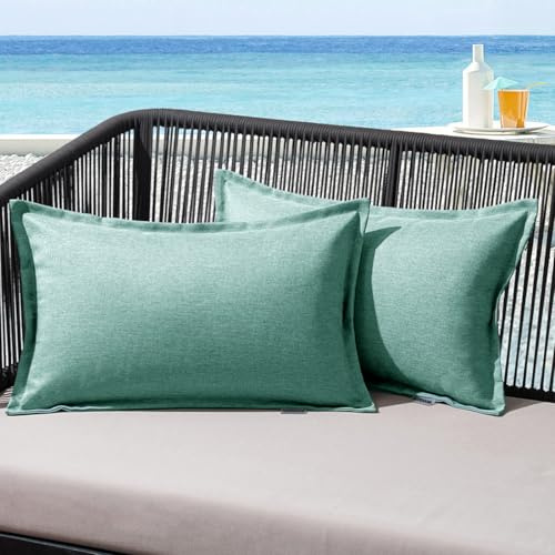MIULEE Outdoor Kissen Wetterfest Kissenbezug Wasserdichter Dekorative Kissenbezüge Leinen-Optik Sofakissen Dekokissen für Garten Sofa Couch Wohnzimmer Schlafzimmer 2er Set 40x60cm Blau Grün