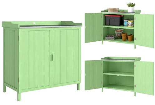 Outsunny Wood Garden Storage Cabinet, Outdoor Tool Shed, Potting Bench Table with galvanised Top and Two Shelves for garden Tools or Pool Accessories, Green